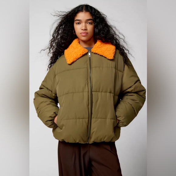 New Urban Outfitters Duckie Faux Shearling Collar Puffer Jacket- Army Green - Picture 2 of 7